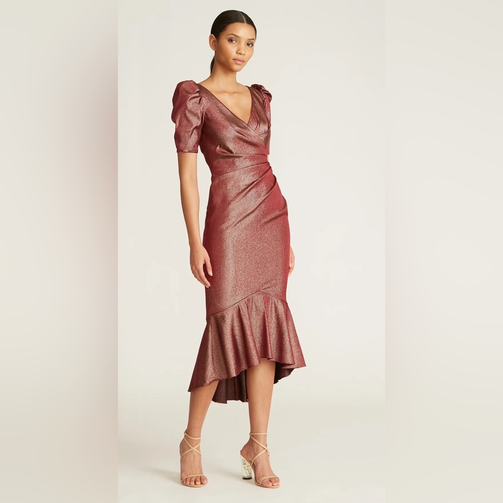 THEIA Mya Lurex Stretch jaquard v-neck midi dress with short sleeves Sz 14
